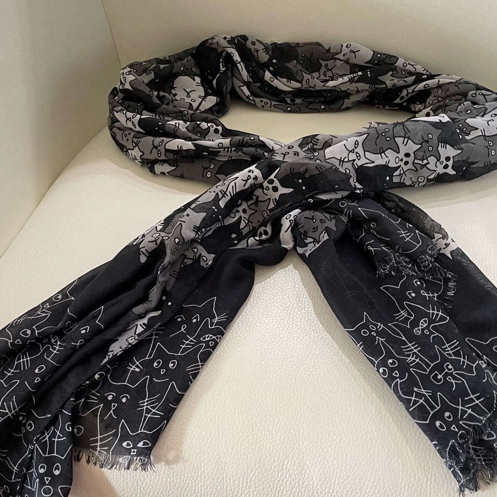 Cotton Cat Print Scarf. Black Grey Cotton